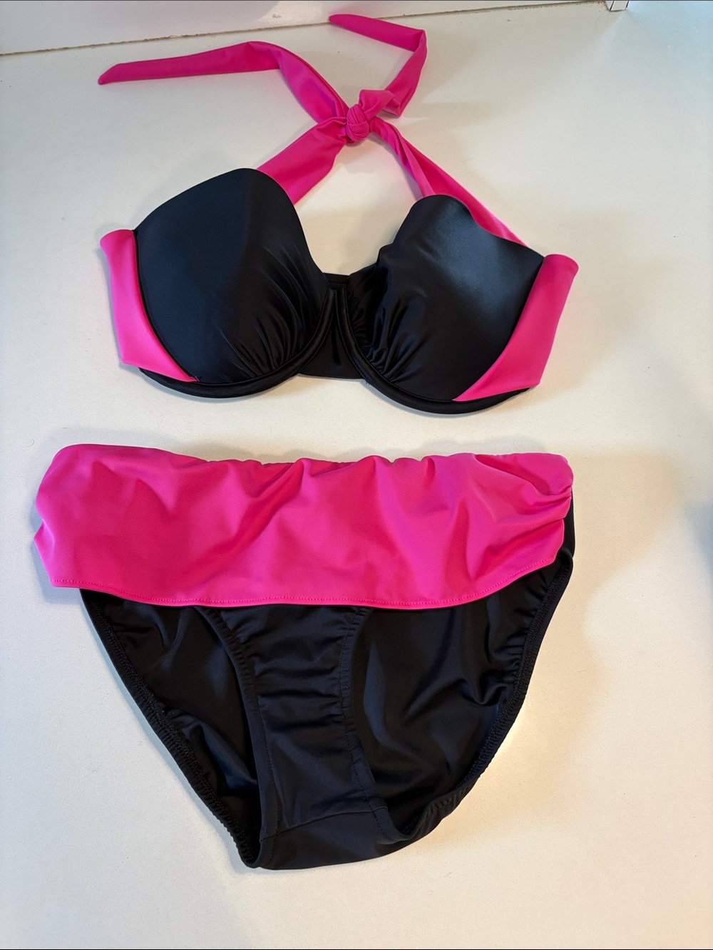 Venus Swimwear Black & Hot Pink Halter Bikini Set